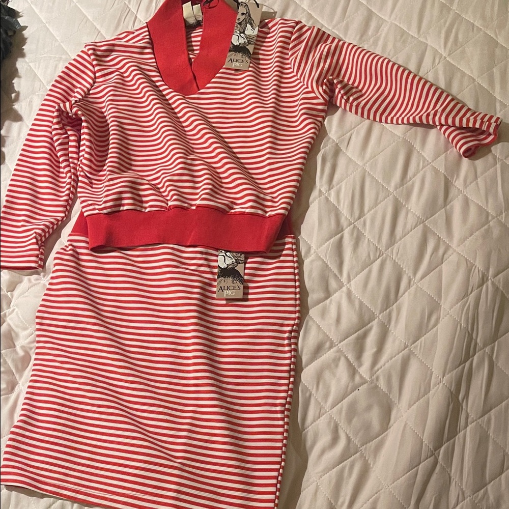 Red Striped Two-Piece Midi Dress